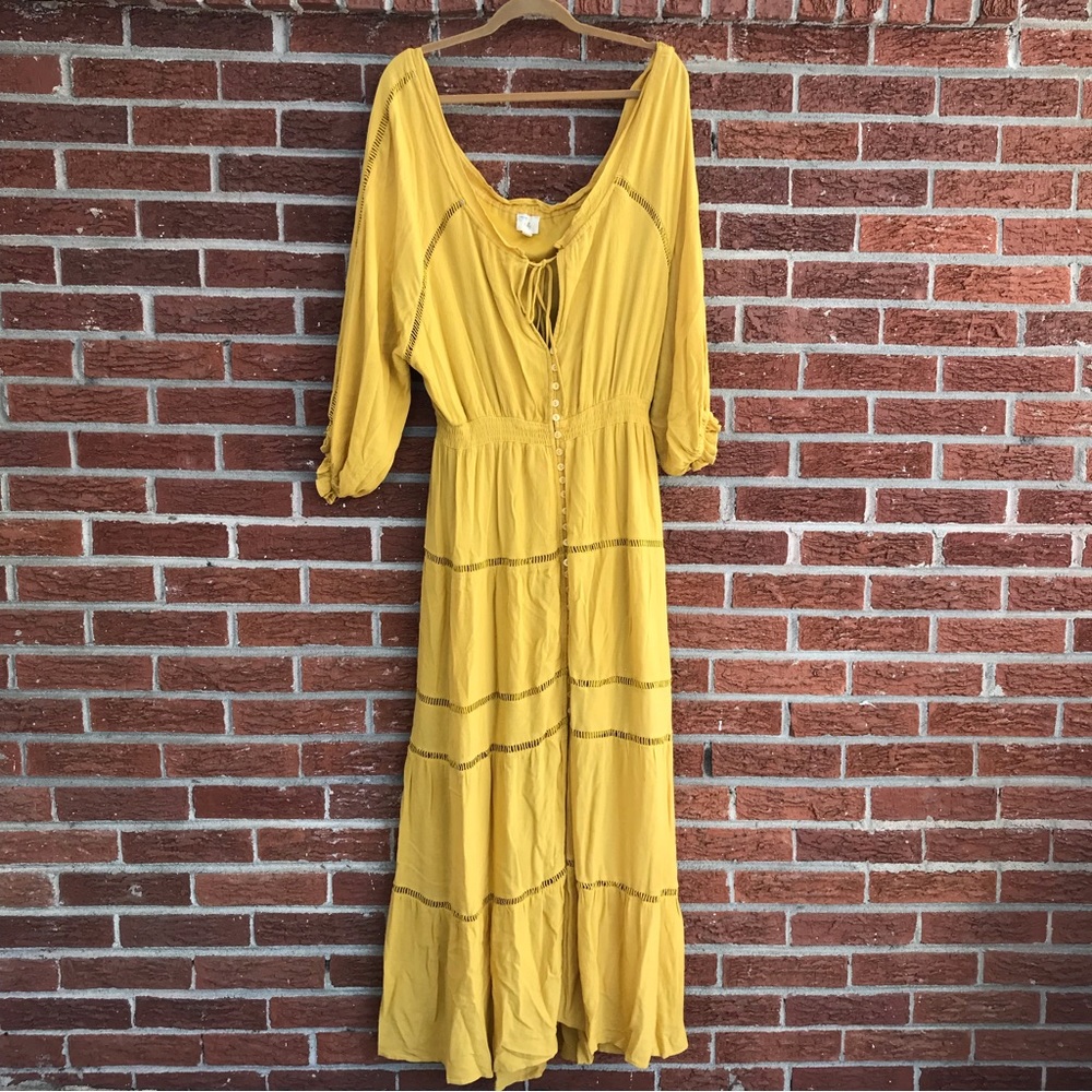 NWOT Anthropologie En Elly Mustard Yellow Maxi Dress Prarie Size Large